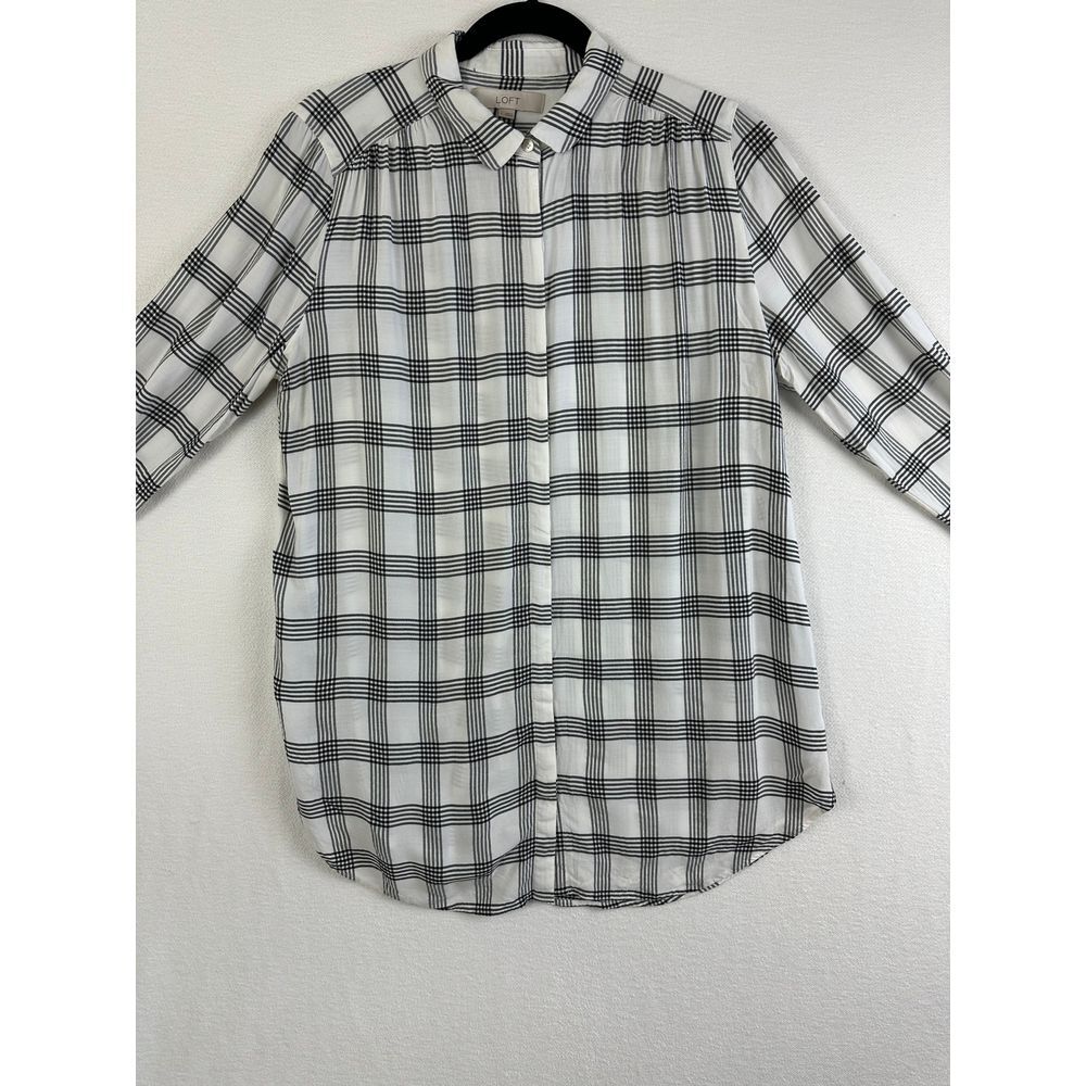LOFT Button Up Women's Large Classic Black White Windowpane Check Long‎ Sleeve